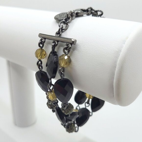 GA 3 Row Beaded Chain Bracelet Black Faceted Oval Bead Rhinestone Pave' Bead 7.5 - Picture 1 of 8